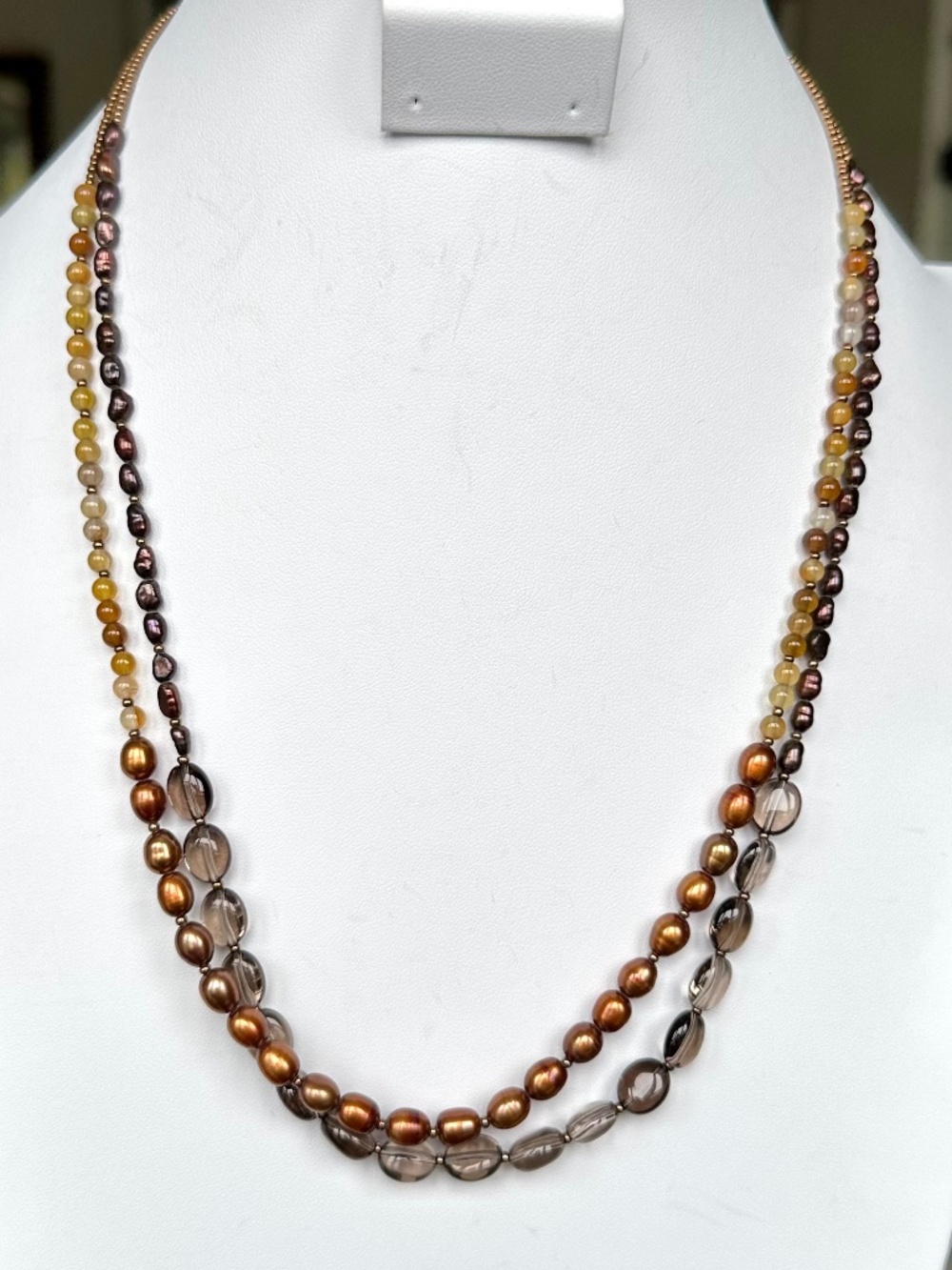 NWT Peyote Bird Free Spirit 22" 2-Strand Smoky Quartz Pearl Layered Necklace